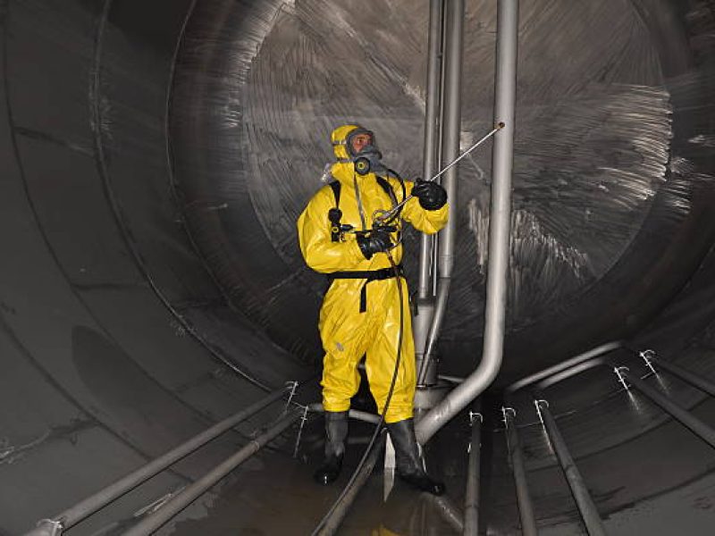 man in chemical suit inside  cargo tank on deck of chemical tanker for cleaning operation
